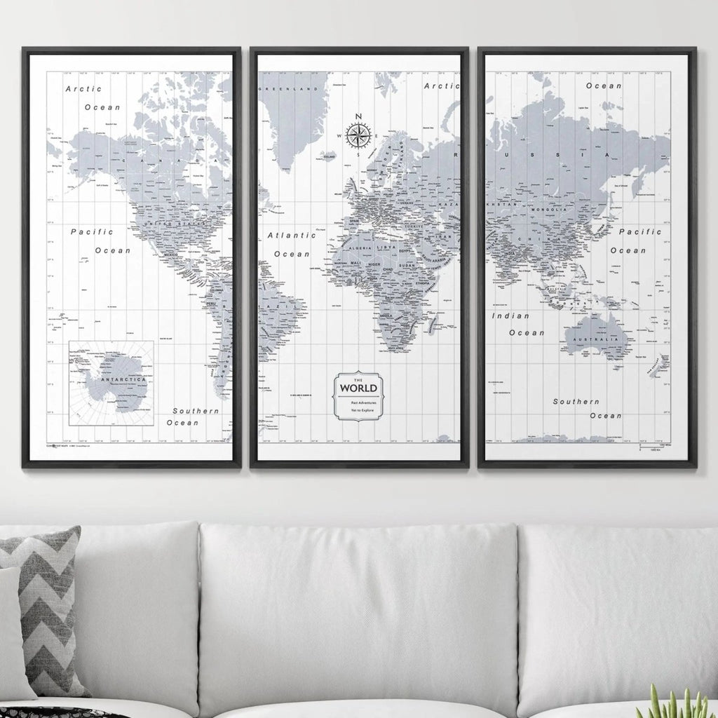 Push Pin World Map Pin Board - Light Gray Color Splash - Pins Included! - Liza Pruitt