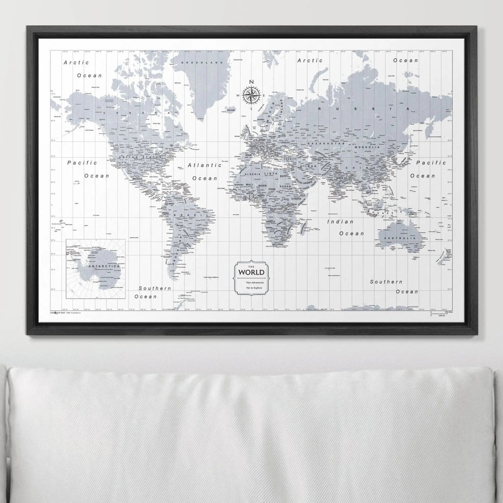 Push Pin World Map Pin Board - Light Gray Color Splash - Pins Included! - Liza Pruitt