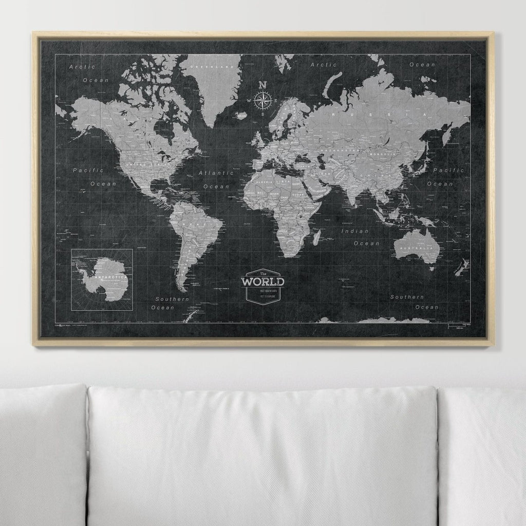 Push Pin World Map Pin Board - Modern Slate - Pins Included! - Liza Pruitt