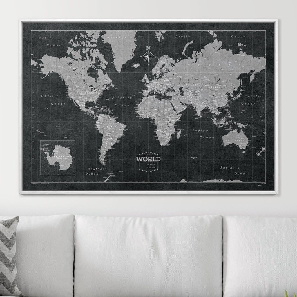 Push Pin World Map Pin Board - Modern Slate - Pins Included! - Liza Pruitt