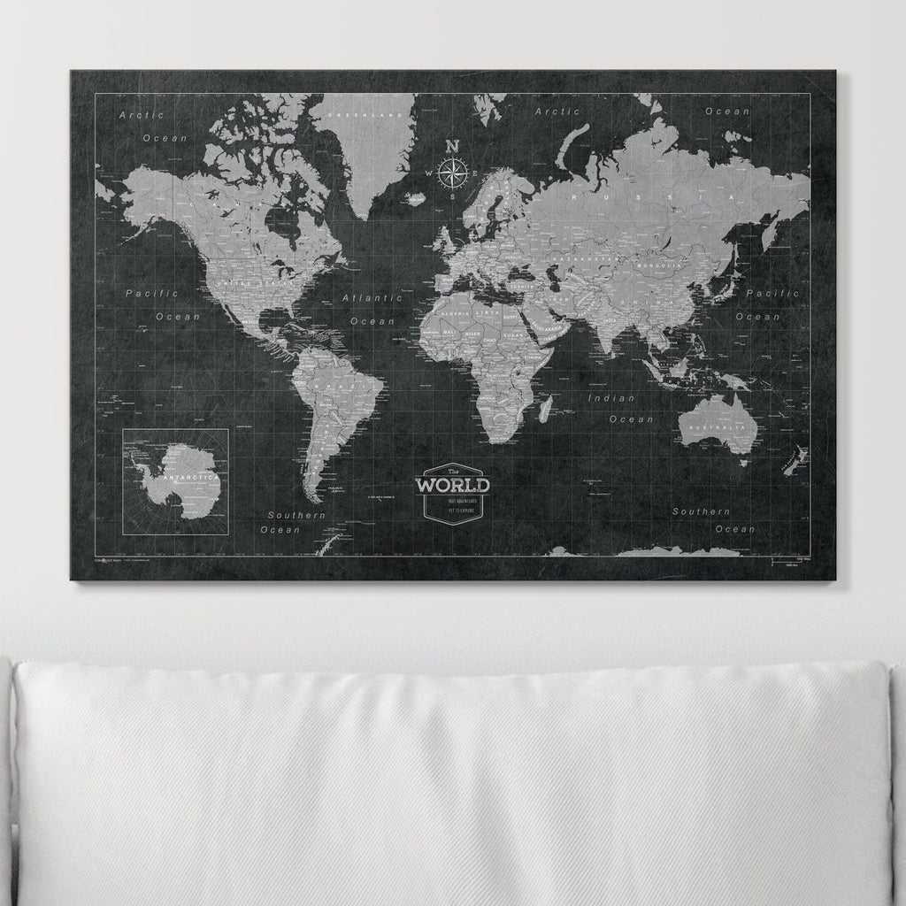 Push Pin World Map Pin Board - Modern Slate - Pins Included! - Liza Pruitt