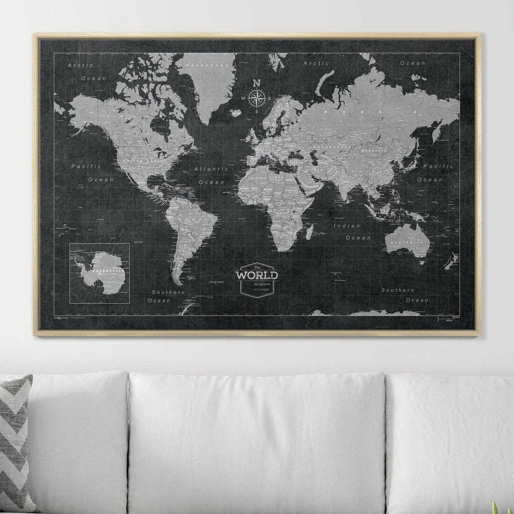 Push Pin World Map Pin Board - Modern Slate - Pins Included! - Liza Pruitt