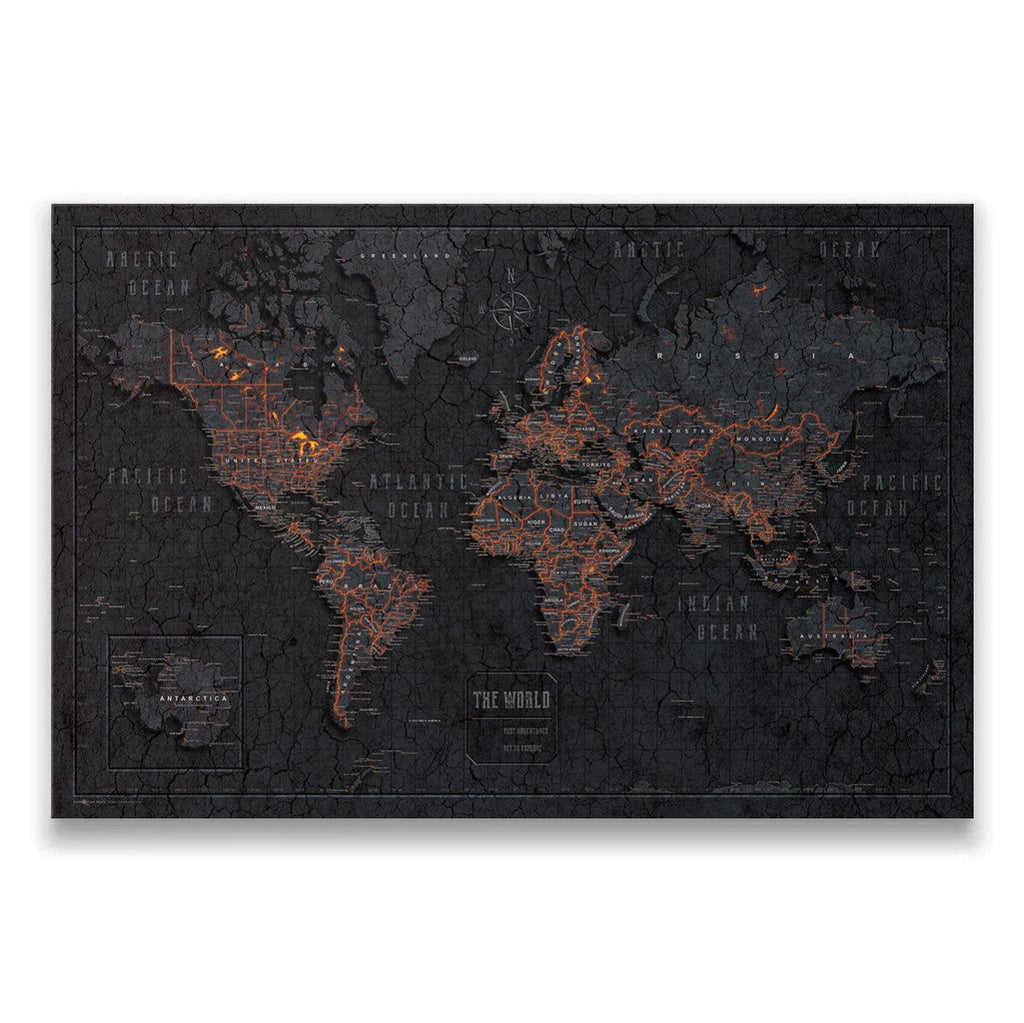 Push Pin World Map Pin Board - Obsidian Inferno - Pins Included! - Liza Pruitt
