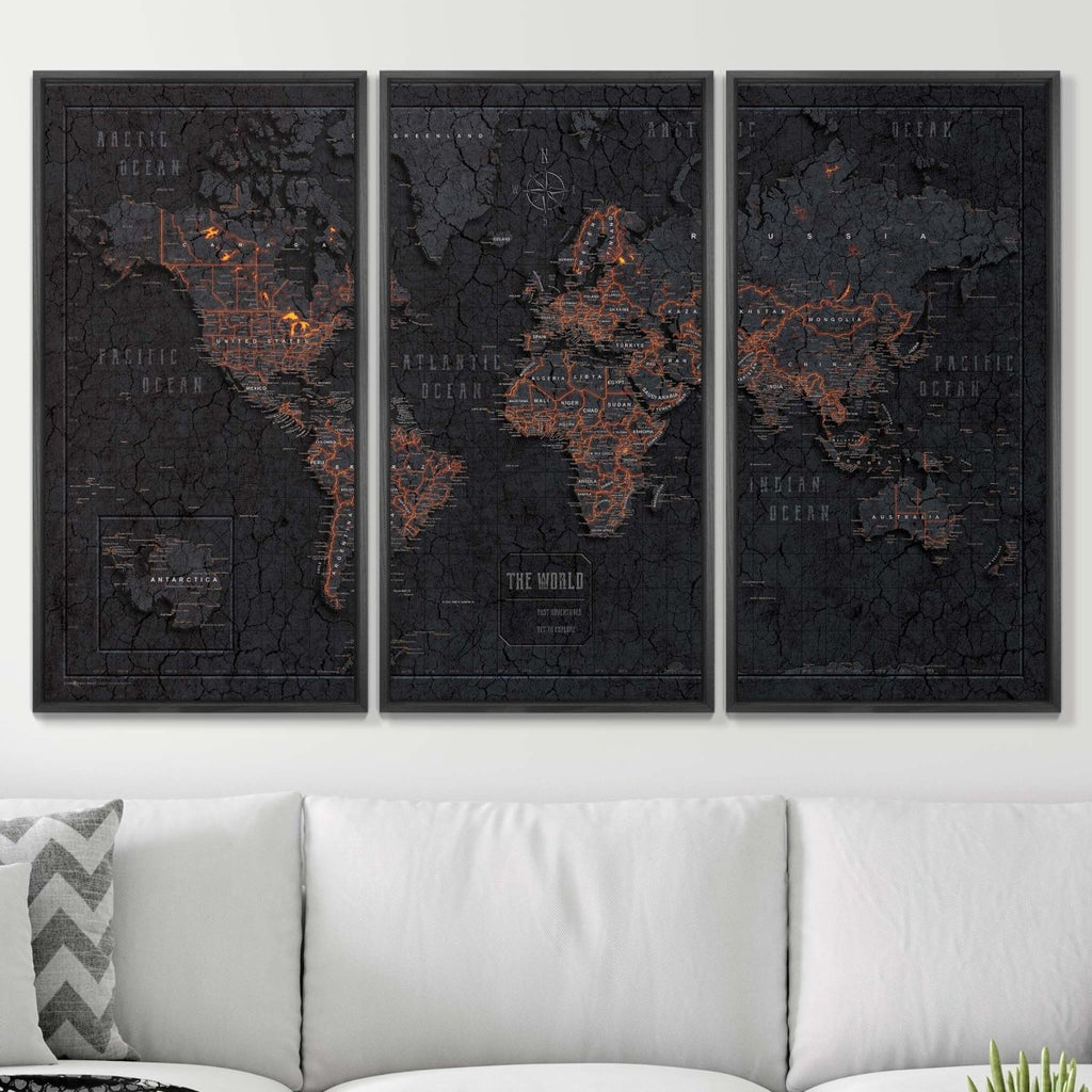 Push Pin World Map Pin Board - Obsidian Inferno - Pins Included! - Liza Pruitt