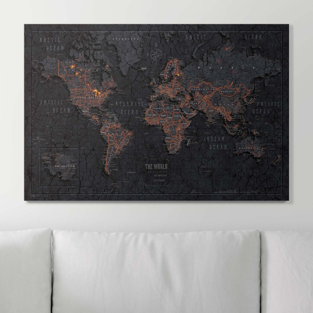 Push Pin World Map Pin Board - Obsidian Inferno - Pins Included! - Liza Pruitt