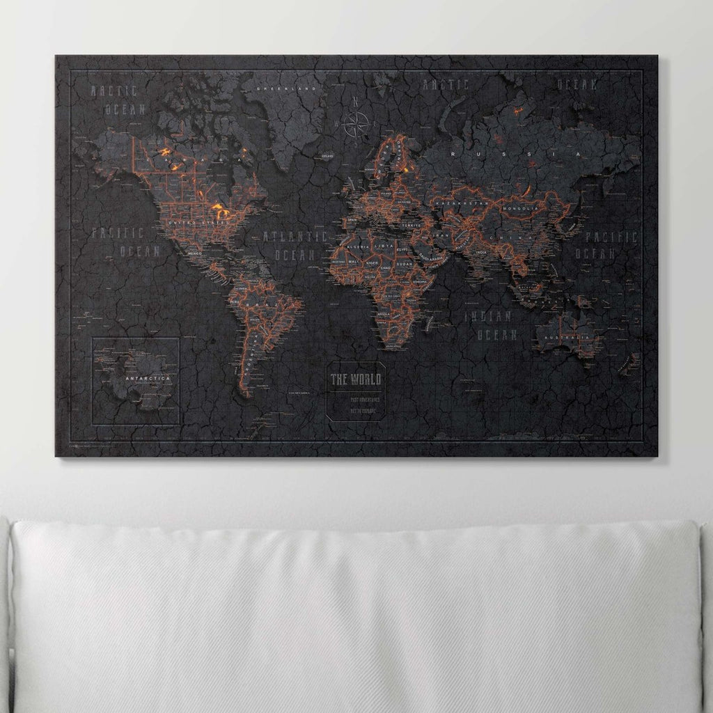 Push Pin World Map Pin Board - Obsidian Inferno - Pins Included! - Liza Pruitt