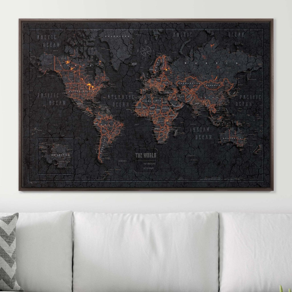 Push Pin World Map Pin Board - Obsidian Inferno - Pins Included! - Liza Pruitt