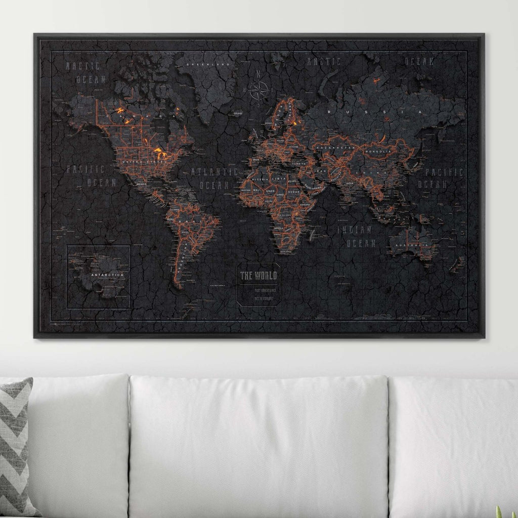 Push Pin World Map Pin Board - Obsidian Inferno - Pins Included! - Liza Pruitt