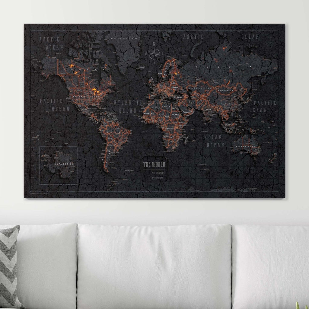 Push Pin World Map Pin Board - Obsidian Inferno - Pins Included! - Liza Pruitt