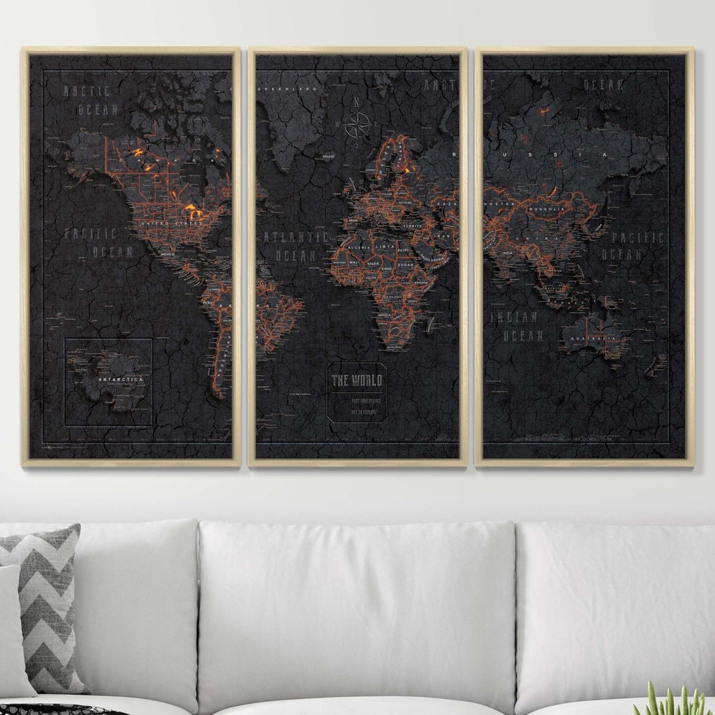 Push Pin World Map Pin Board - Obsidian Inferno - Pins Included! - Liza Pruitt