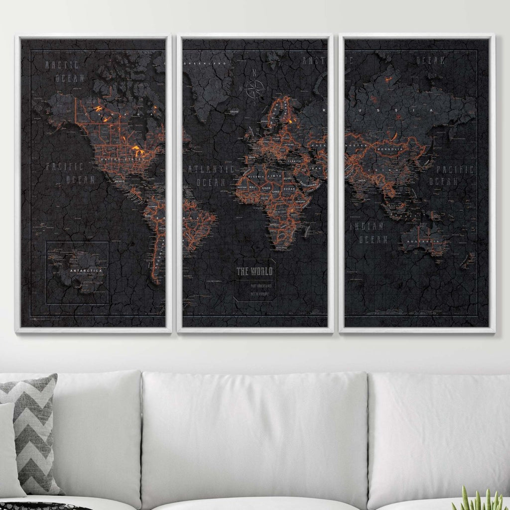 Push Pin World Map Pin Board - Obsidian Inferno - Pins Included! - Liza Pruitt