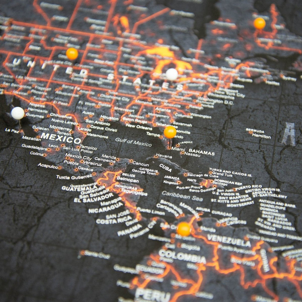 Push Pin World Map Pin Board - Obsidian Inferno - Pins Included! - Liza Pruitt