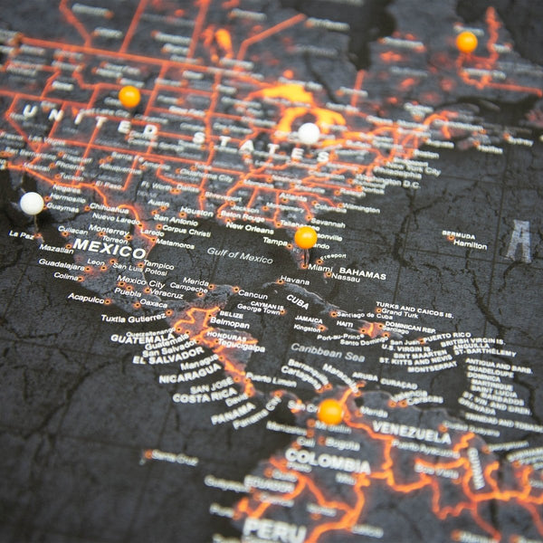 Push Pin World Map Pin Board - Obsidian Inferno - Pins Included! - Liza Pruitt