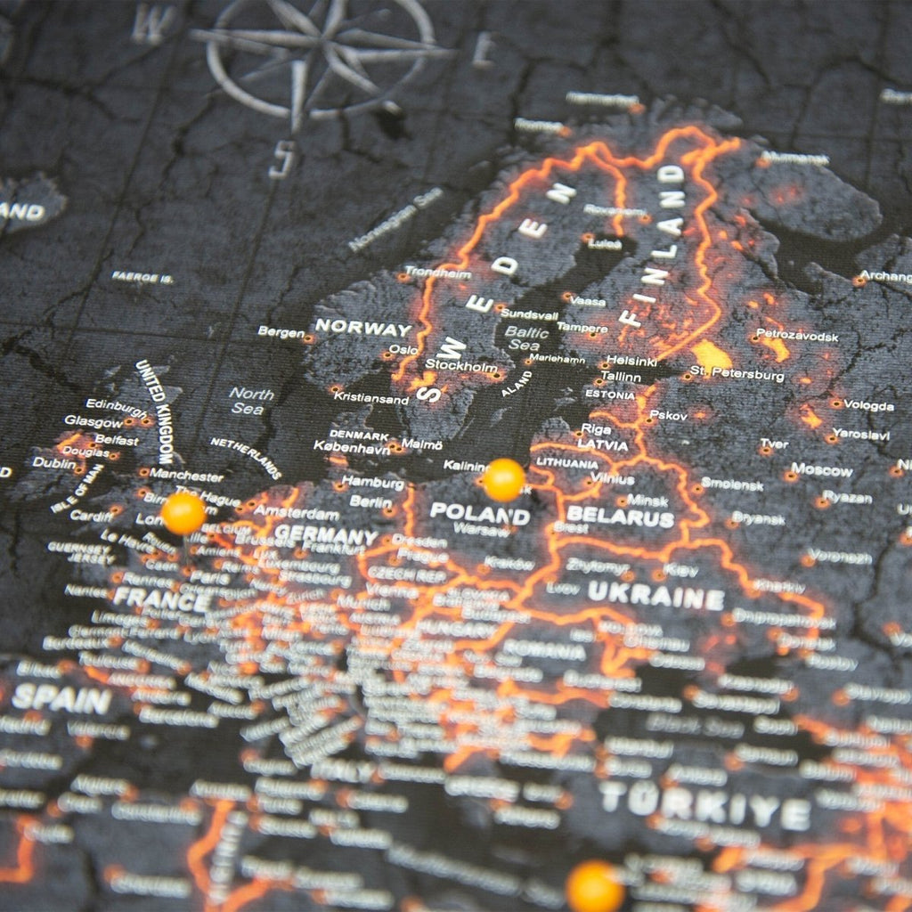 Push Pin World Map Pin Board - Obsidian Inferno - Pins Included! - Liza Pruitt