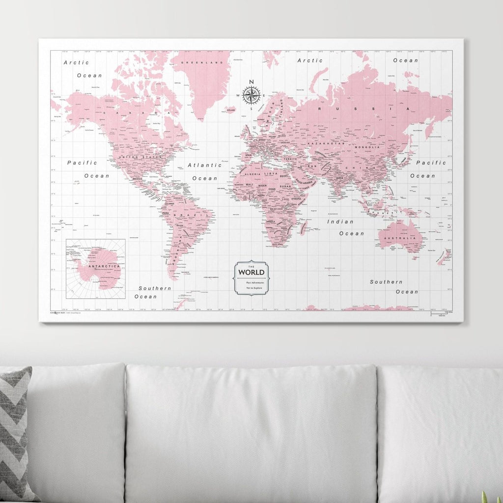 Push Pin World Map Pin Board - Pink Color Splash - Pins Included! - Liza Pruitt