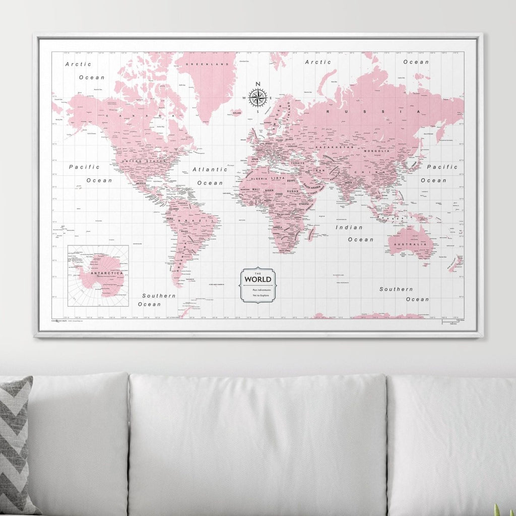 Push Pin World Map Pin Board - Pink Color Splash - Pins Included! - Liza Pruitt