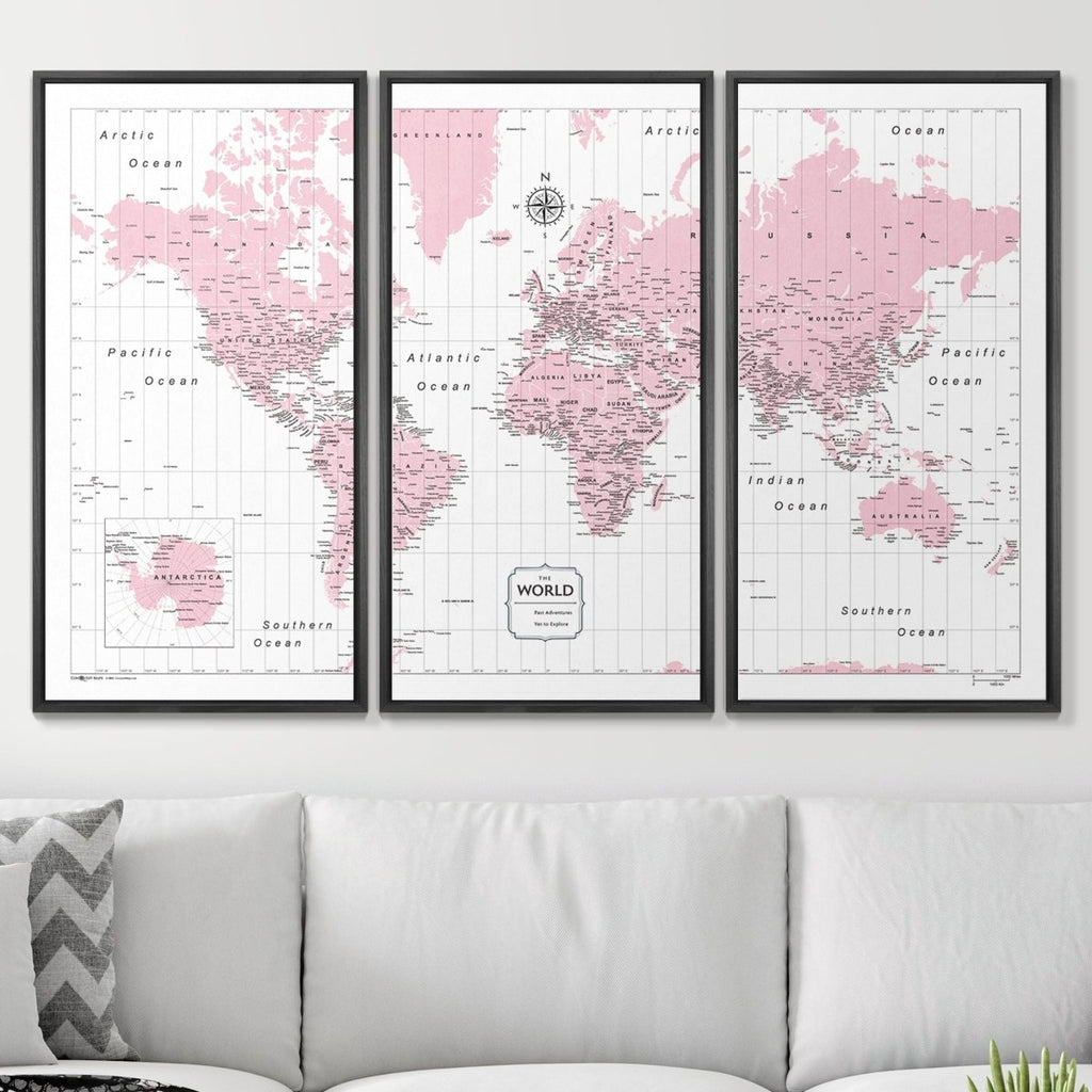 Push Pin World Map Pin Board - Pink Color Splash - Pins Included! - Liza Pruitt