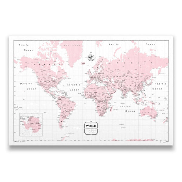 Push Pin World Map Pin Board - Pink Color Splash - Pins Included! - Liza Pruitt