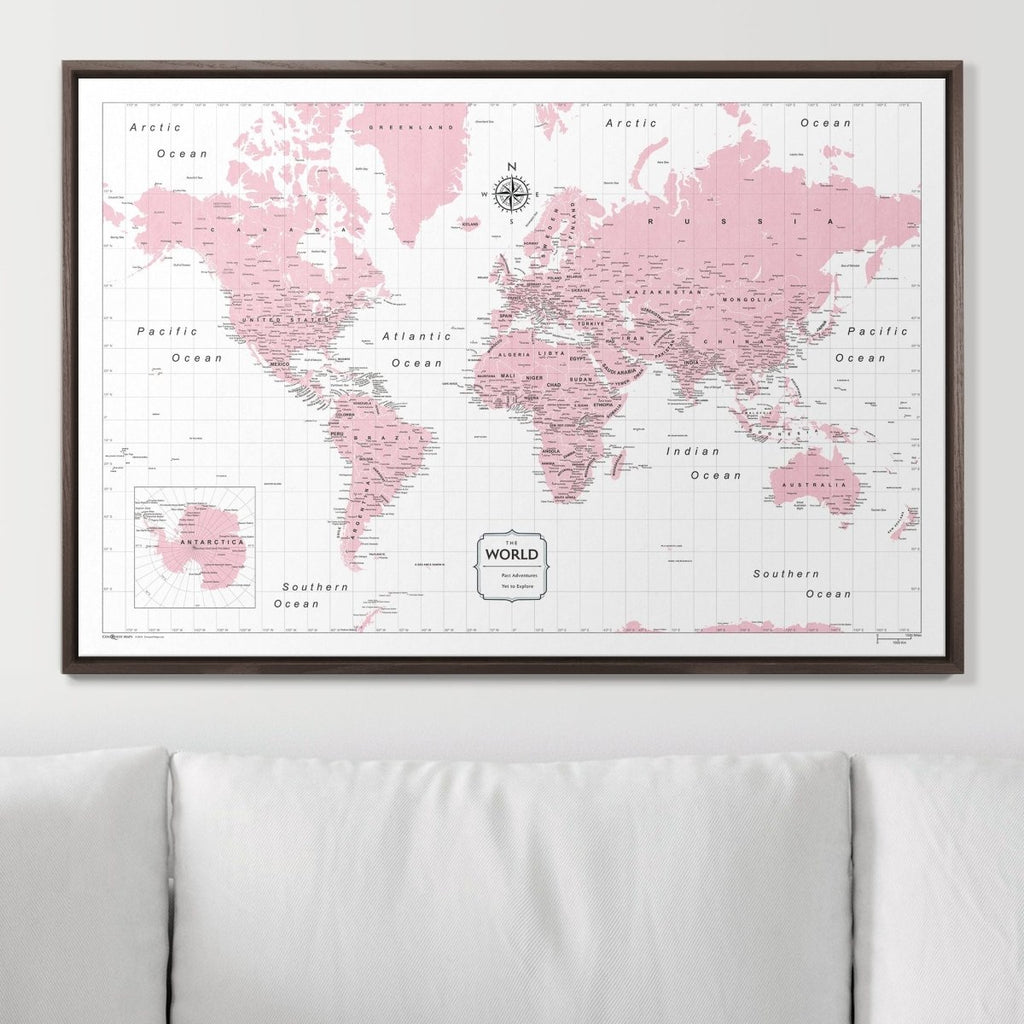 Push Pin World Map Pin Board - Pink Color Splash - Pins Included! - Liza Pruitt