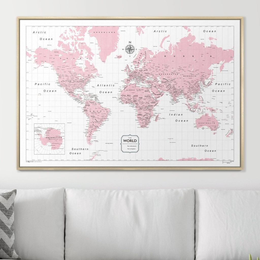 Push Pin World Map Pin Board - Pink Color Splash - Pins Included! - Liza Pruitt
