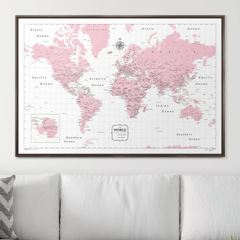 Push Pin World Map Pin Board - Pink Color Splash - Pins Included! - Liza Pruitt