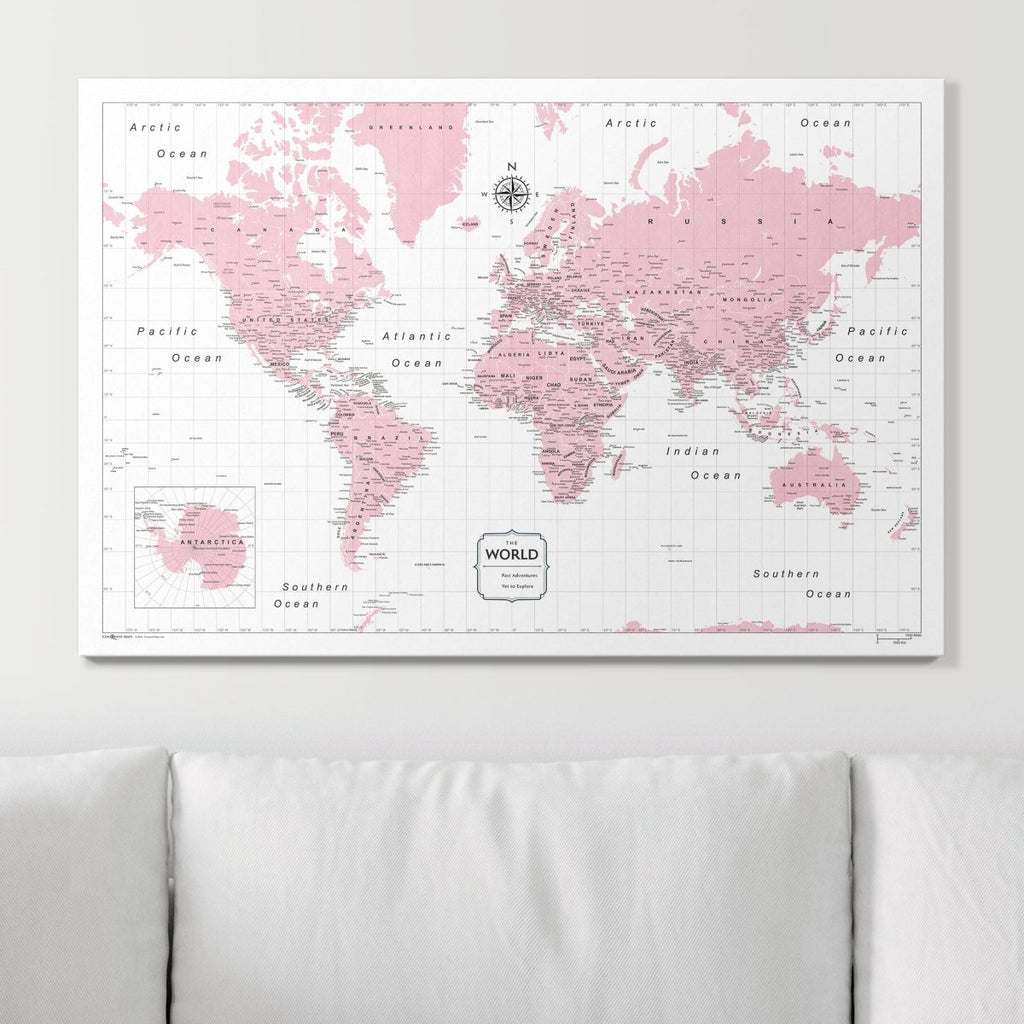 Push Pin World Map Pin Board - Pink Color Splash - Pins Included! - Liza Pruitt