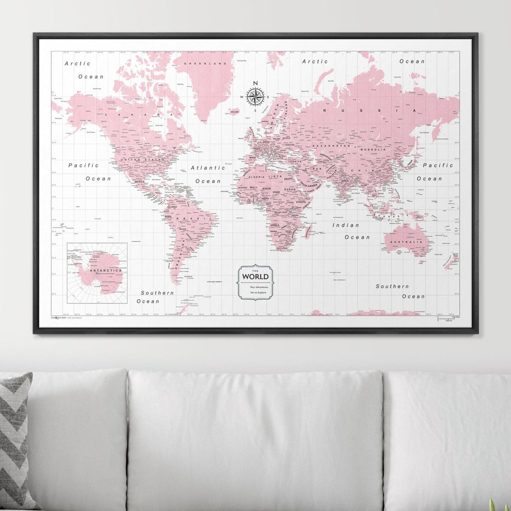 Push Pin World Map Pin Board - Pink Color Splash - Pins Included! - Liza Pruitt