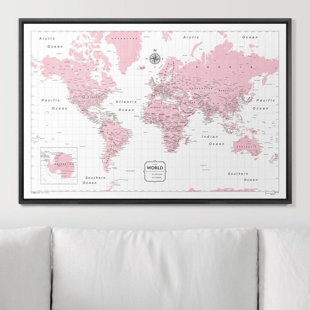 Push Pin World Map Pin Board - Pink Color Splash - Pins Included! - Liza Pruitt