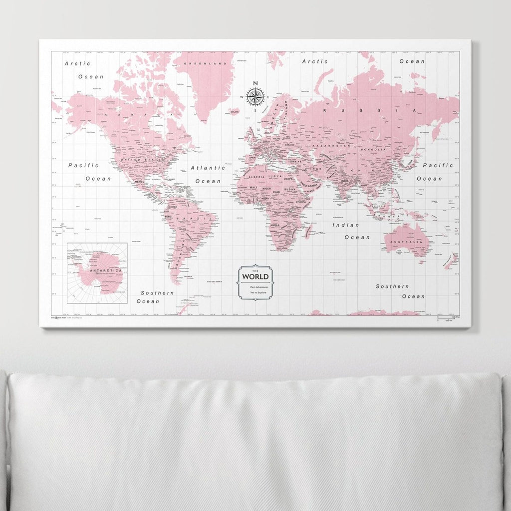 Push Pin World Map Pin Board - Pink Color Splash - Pins Included! - Liza Pruitt