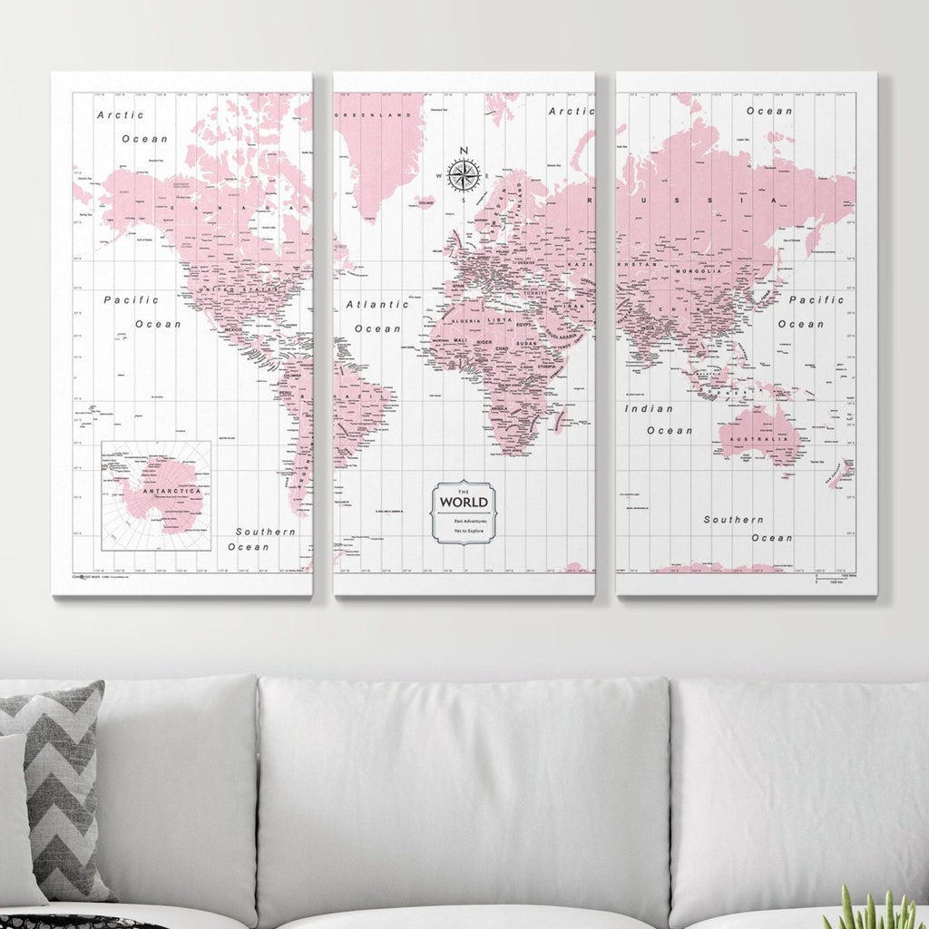 Push Pin World Map Pin Board - Pink Color Splash - Pins Included! - Liza Pruitt