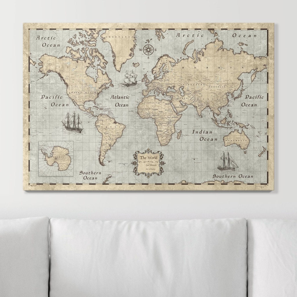 Push Pin World Map Pin Board - Rustic Vintage - Pins Included! - Liza Pruitt