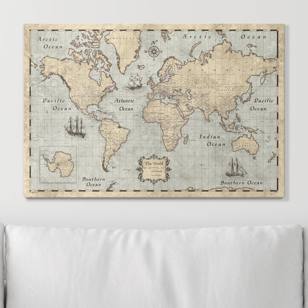 Push Pin World Map Pin Board - Rustic Vintage - Pins Included! - Liza Pruitt