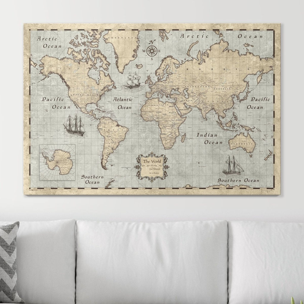 Push Pin World Map Pin Board - Rustic Vintage - Pins Included! - Liza Pruitt