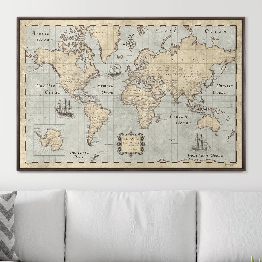 Push Pin World Map Pin Board - Rustic Vintage - Pins Included! - Liza Pruitt