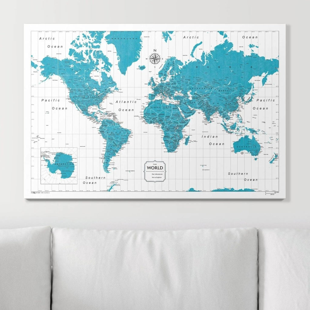 Push Pin World Map Pin Board - Teal Color Splash - Pins Included! - Liza Pruitt