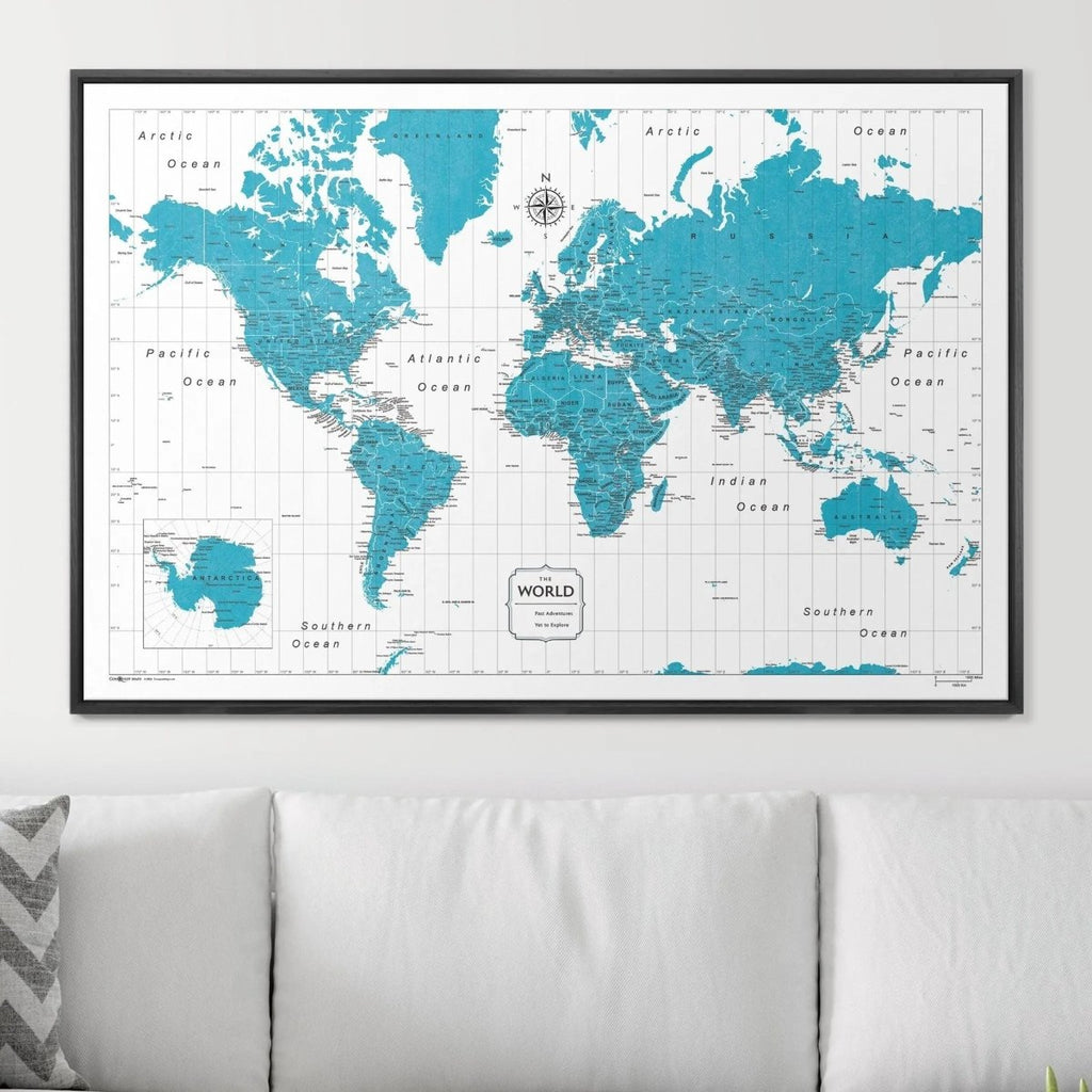 Push Pin World Map Pin Board - Teal Color Splash - Pins Included! - Liza Pruitt