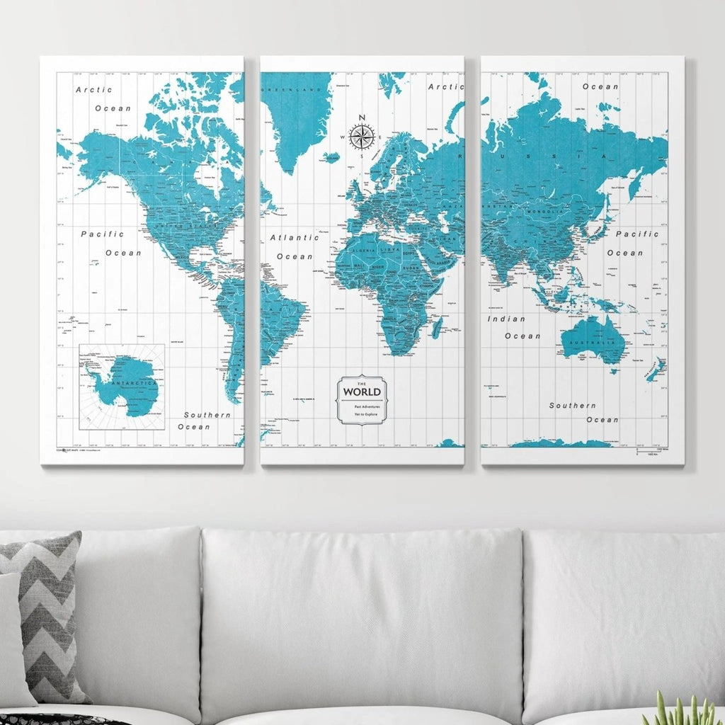 Push Pin World Map Pin Board - Teal Color Splash - Pins Included! - Liza Pruitt