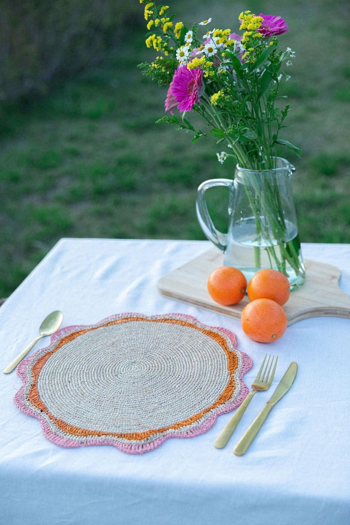 Round Pink Raffia Placemat – 14” Handwoven Crochet – Garden Party & Summer Table Decor - Liza Pruitt