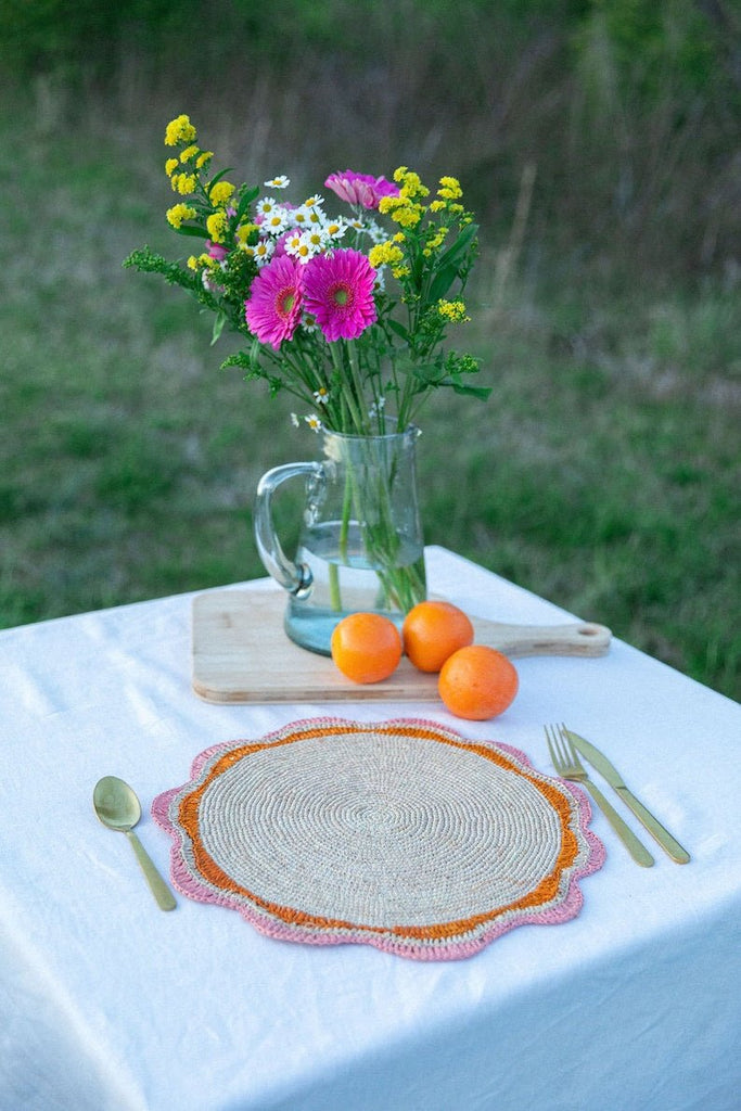 Round Pink Raffia Placemat – 14” Handwoven Crochet – Garden Party & Summer Table Decor - Liza Pruitt