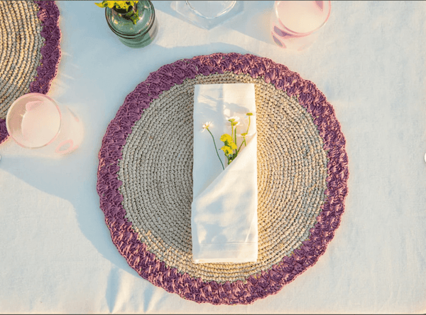 Round placemat with lavender edges, Colorful round placemat, natural fiber round placemat dining table decor , Handmade Placemat - Liza Pruitt