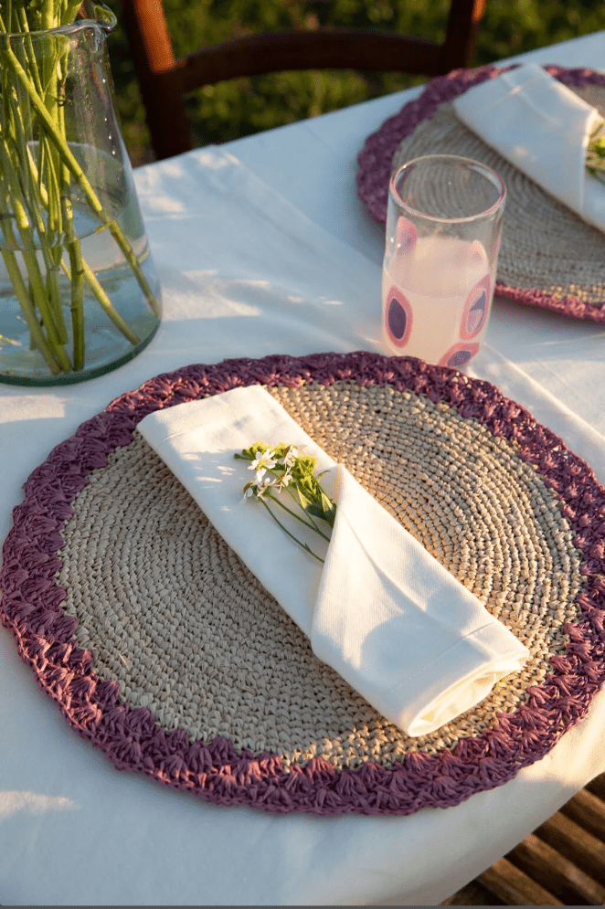 Round placemat with lavender edges, Colorful round placemat, natural fiber round placemat dining table decor , Handmade Placemat - Liza Pruitt