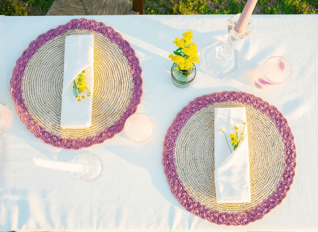 Round placemat with lavender edges, Colorful round placemat, natural fiber round placemat dining table decor , Handmade Placemat - Liza Pruitt
