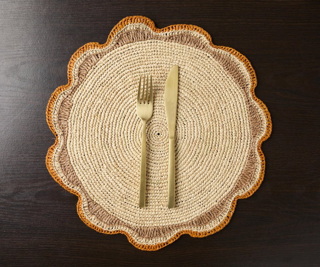 Round Raffia Woven Placemat - Handmade Crochet Style Table Mats for Garden Party Decor, Rustic Natural Fiber Dining Table Accessory - Liza Pruitt
