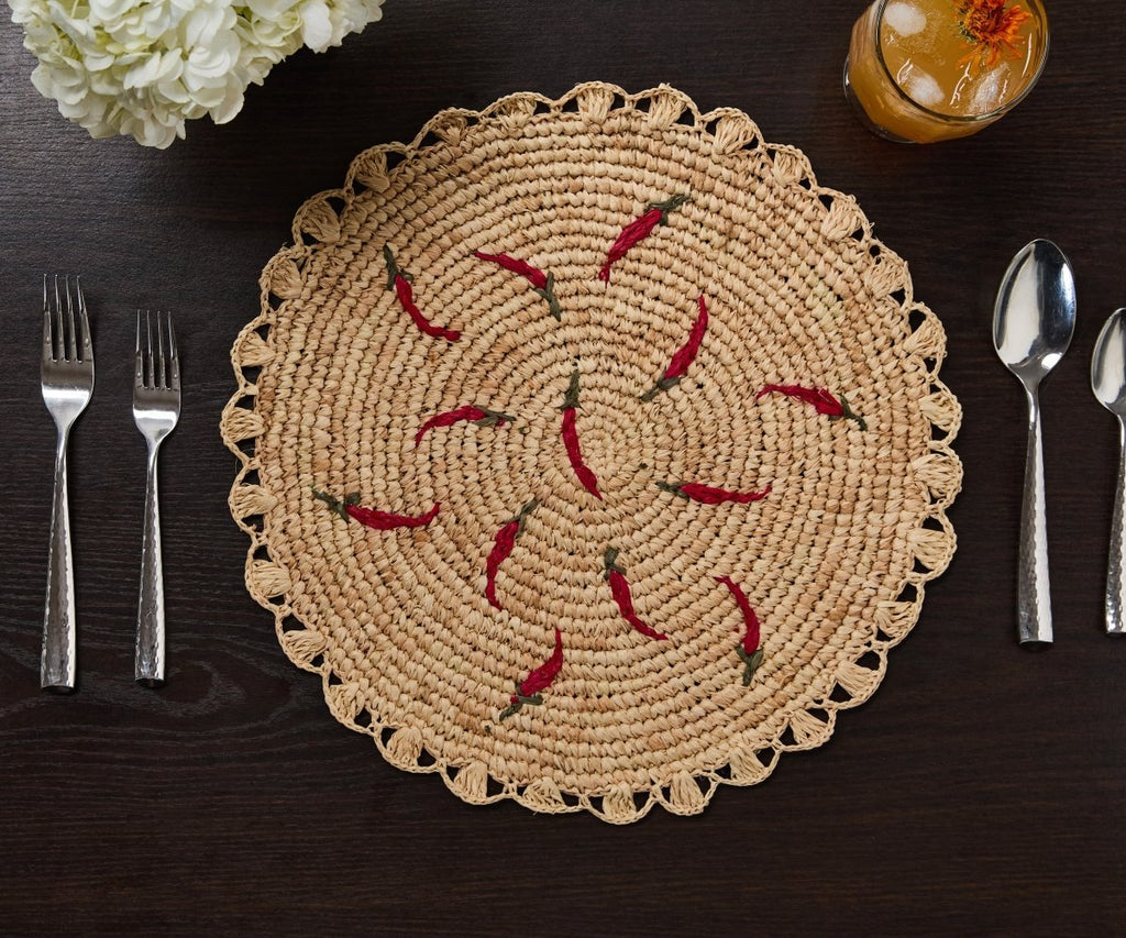 Scattered Chili Handwoven Raffia Round Placemat – Artisan Table Décor - Liza Pruitt
