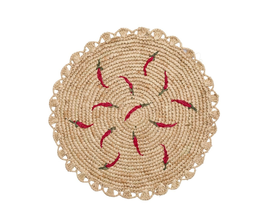 Scattered Chili Handwoven Raffia Round Placemat – Artisan Table Décor - Liza Pruitt