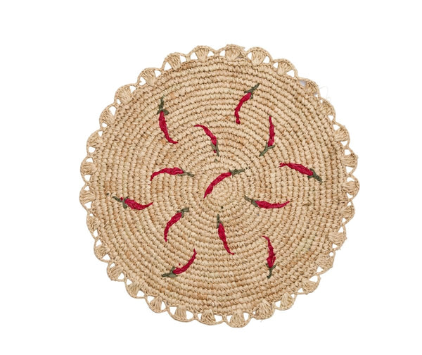 Scattered Chili Handwoven Raffia Round Placemat – Artisan Table Décor - Liza Pruitt