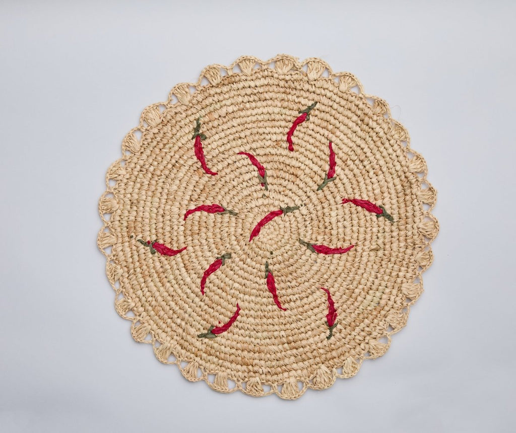 Scattered Chili Handwoven Raffia Round Placemat – Artisan Table Décor - Liza Pruitt
