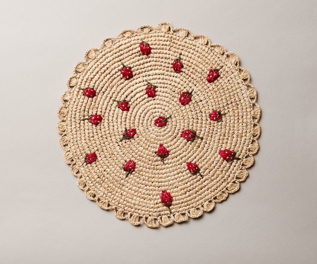 Scattered Strawberry Hand - Crocheted Raffia Palm Round Placemat - Liza Pruitt