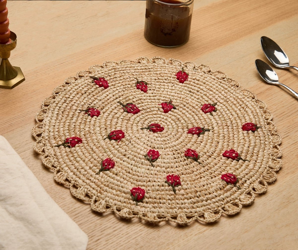Scattered Strawberry Hand - Crocheted Raffia Palm Round Placemat - Liza Pruitt
