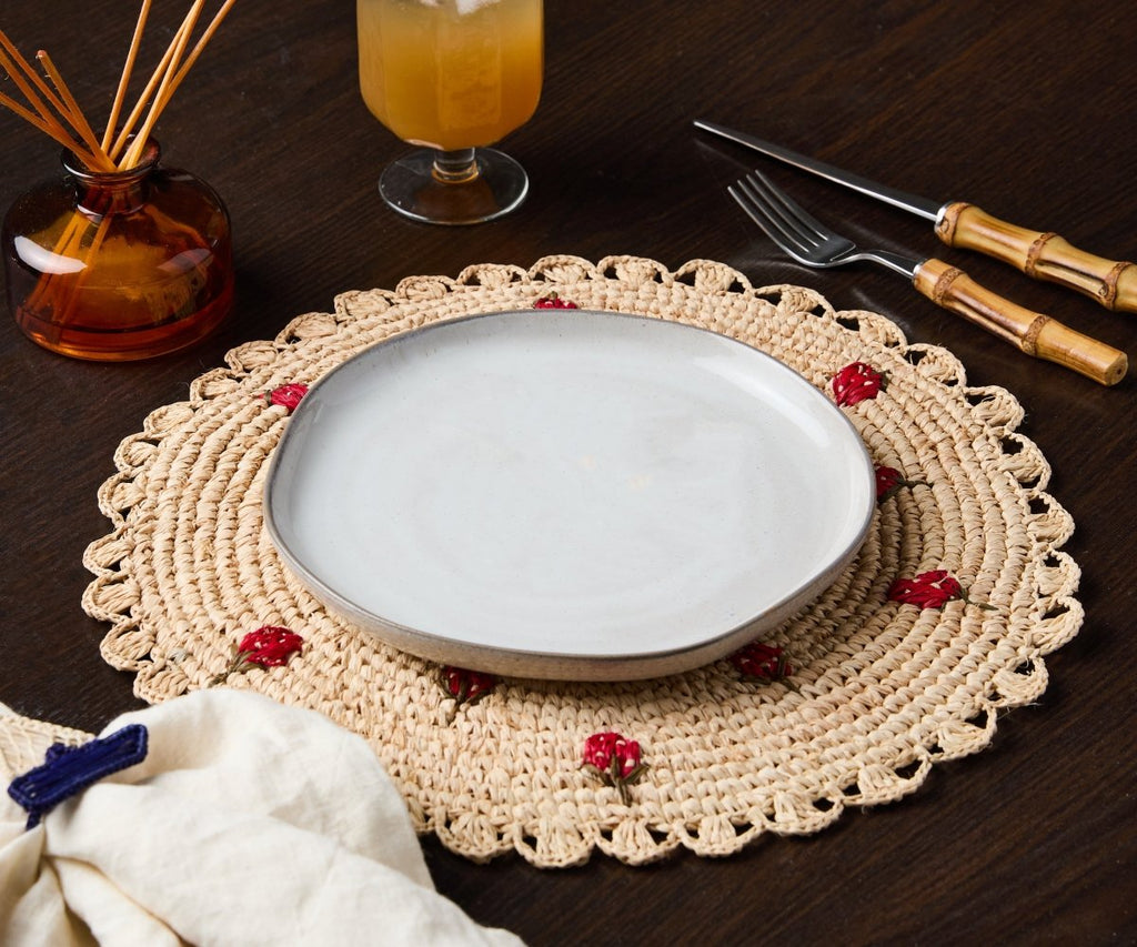 Scattered Strawberry Hand - Crocheted Raffia Palm Round Placemat - Liza Pruitt